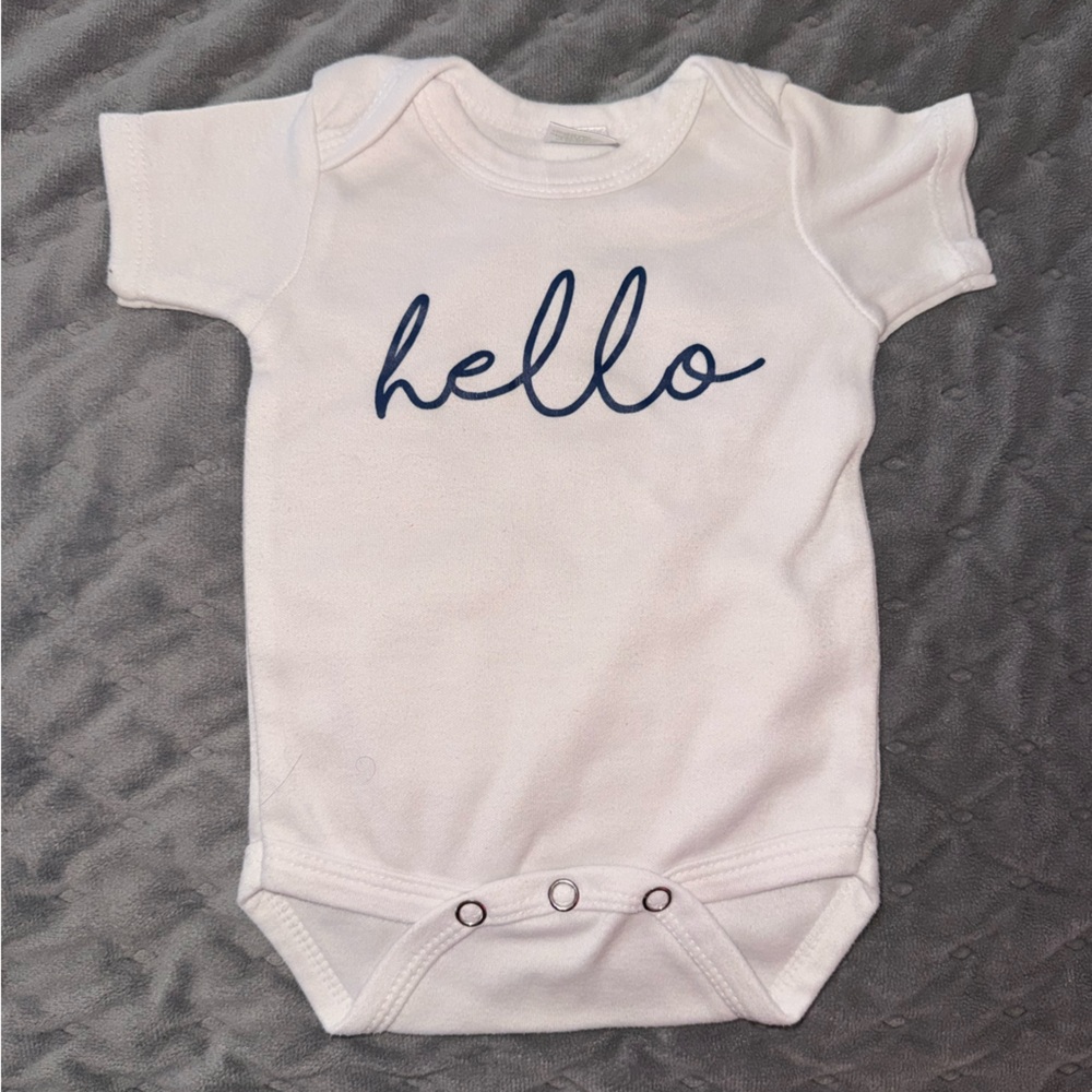 White Baby Onesie with Blue 'Hello' Print